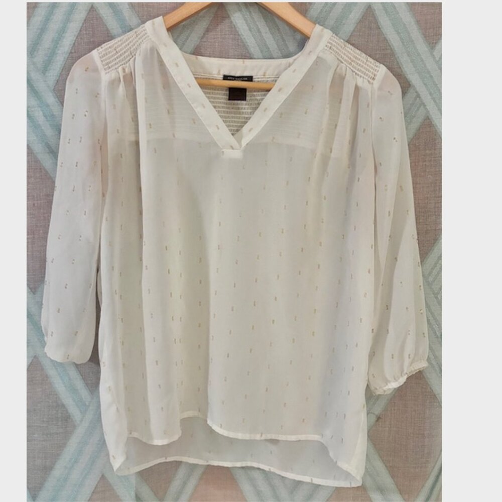 Flowy White and Gold Detail V Neck Blouse- Ann Taylor